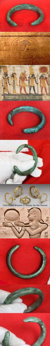 A Most Attractive, Serpent, Bronze Age Power Bracelet, Armilla, & Arm Ring. A Fabulous 1000 B.C. Arm Adornment, With Most Beautiful Natural Aged Patination Colour of Rich Emerald Green, In Superb Condition With Substantial Heft & Gravitas