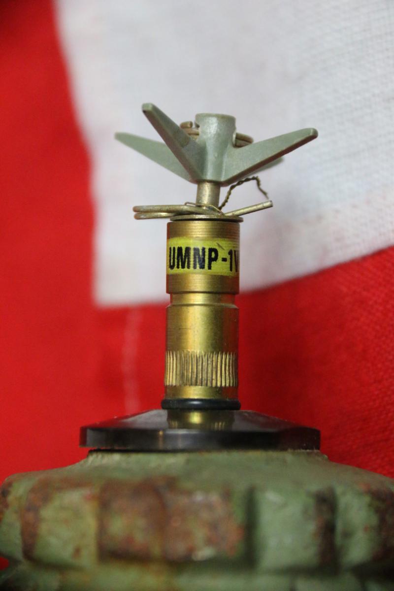 Deactivated Original Yugoslavian Stake Mine PMR-2A Anti-Personnel Mine. From the Bosnian War With Original UMNP-1V Fuse