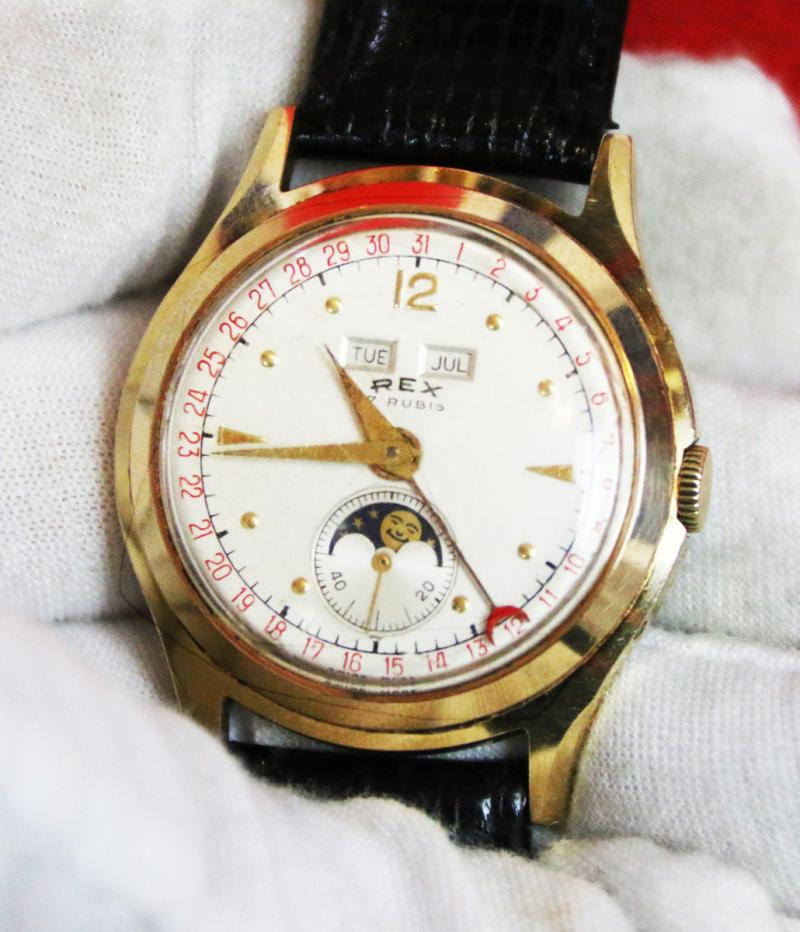 A Super, 1950's Vintage, Yet Incredibly Affordable, Triple Calender Moon-Phase, Complicated Movement of 17 Rubies, Wristwatch, in Rolled Gold By Rex of Switzerland. Hand Winding Movement. An Amazingly Beautiful Collector's Piece.