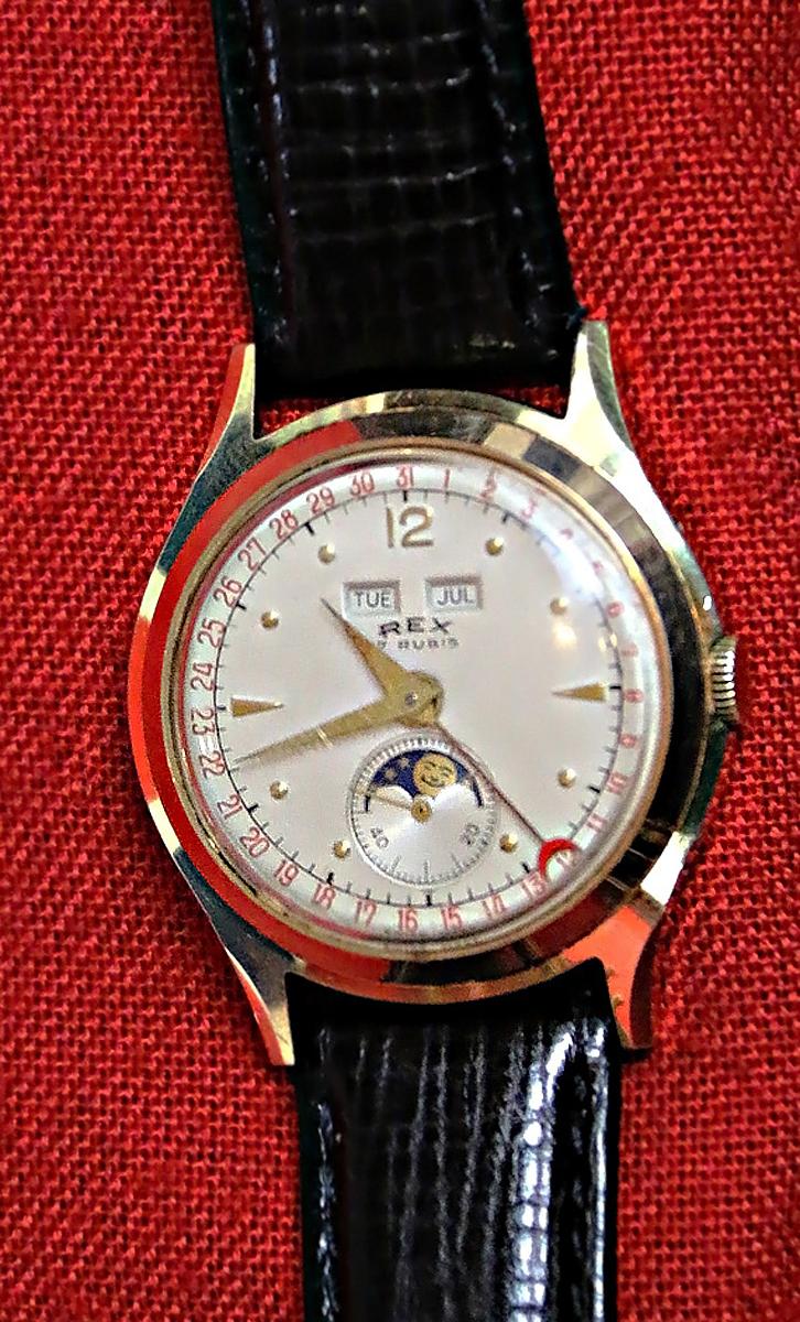 A Super, 1950's Vintage, Yet Incredibly Affordable, Triple Calender Moon-Phase, Complicated Movement of 17 Rubies, Wristwatch, in Rolled Gold By Rex of Switzerland. Hand Winding Movement. An Amazingly Beautiful Collector's Piece.
