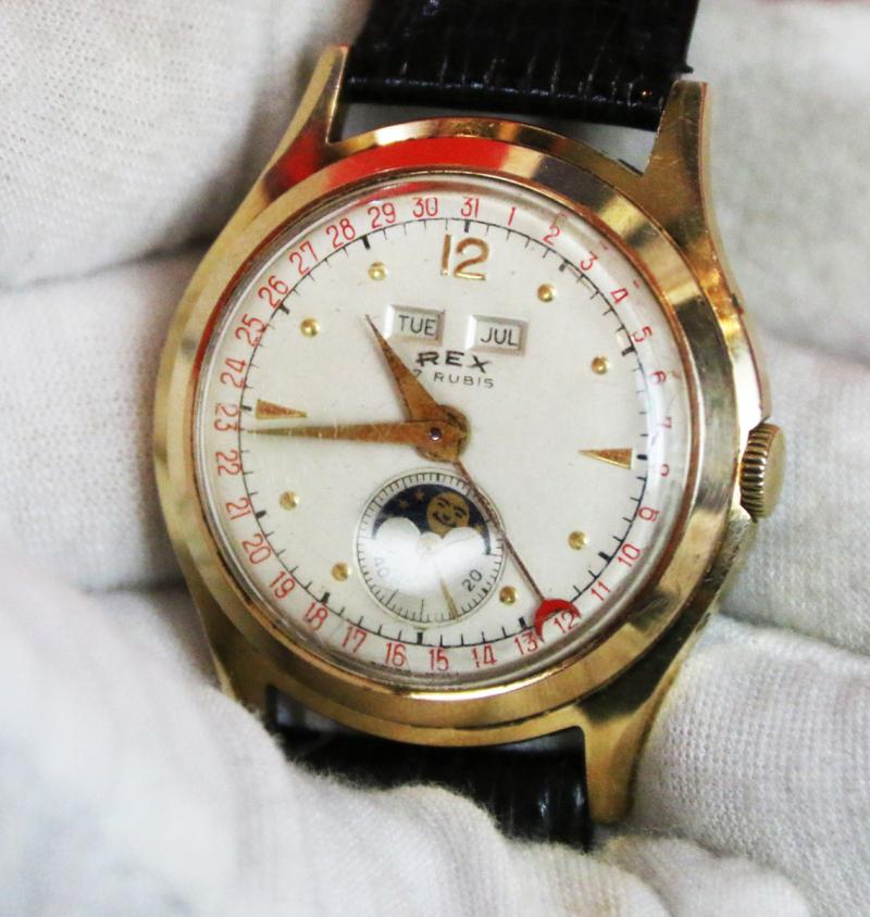 A Super, 1950's Vintage, Yet Incredibly Affordable, Triple Calender Moon-Phase, Complicated Movement of 17 Rubies, Wristwatch, in Rolled Gold By Rex of Switzerland. Hand Winding Movement. An Amazingly Beautiful Collector's Piece.
